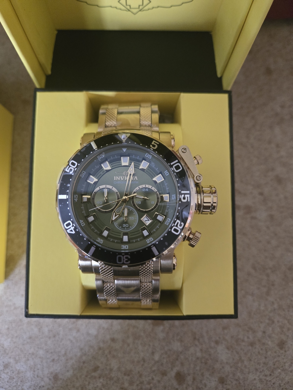 Invicta Men's Gold-Tone Chronograph Watch with Green Dial